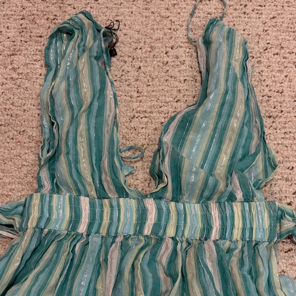 America & Beyond Teal & White Striped Beach / Pool Cover Up Dress Medium C11-081